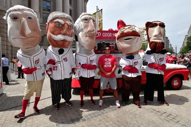 Washington Redskins Linebacker Ryan Kerrigan and the Washington Nationals Racing Presidents help launch the Washingtn D.C. leg of the Good Humor Welcome to Joyhood Tour at the Ronald Reagan Building on July 26, 2016 in Washington, DC. (Photo by Larry French/Getty Images for Good Humor)