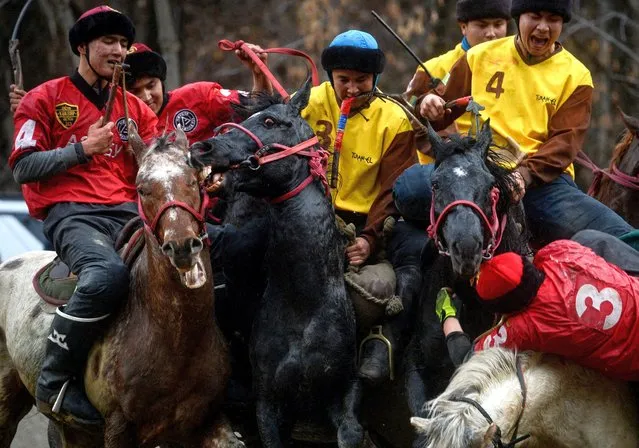 Horsemen play Kokpar, a traditional game between two teams competing to throw a dummy of a goat into a scoring circle, during the championship in Almaty, Kazakhstan on November 5, 2022. (Photo by Konstantin Chalabov/Reuters)