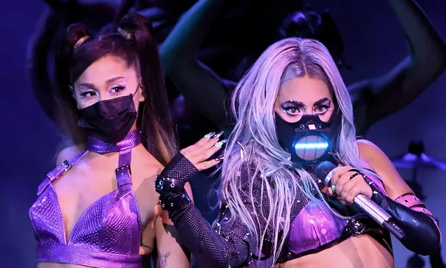 (L-R) Ariana Grande and Lady Gaga perform during the 2020 MTV Video Music Awards, broadcast on Sunday, August 30th 2020. (Photo by Kevin Winter/MTV VMAs 2020/Getty Images for MTV)