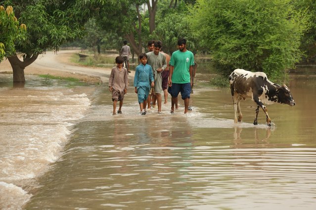 People cross a flooded area after rising flood waters in river Chenab, in Multan district, Punjab province, Pakistan, 02 September 2025. (Photo by Haji Ibraheem/EPA)