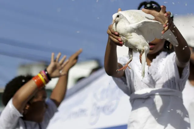 A Candomble child is seen holding a pigeon during a protest against religious intolerance, along the streets of Salvador, Brazil November 15, 2015. (Photo by Ueslei Marcelino/Reuters)