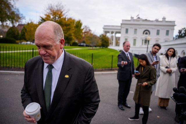 White House Border Czar Tom Homan steps away from reporters outside the West Wing after a television interview at the White House on November 14, 2025 in Washington, DC. Homan has been accused of taking a $50,000 bribe from undercover FBI agents. (Photo by Andrew Harnik/Getty Images)