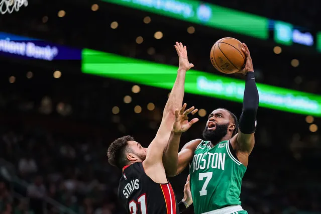 Jaylen Brown #7 of the Boston Celtics drives to the net over Max Strus #31 of the Miami Heat during the second quarter in game five of the Eastern Conference Finals at TD Garden on May 25, 2023 in Boston, Massachusetts. (Photo by Maddie Meyer/Getty Images)