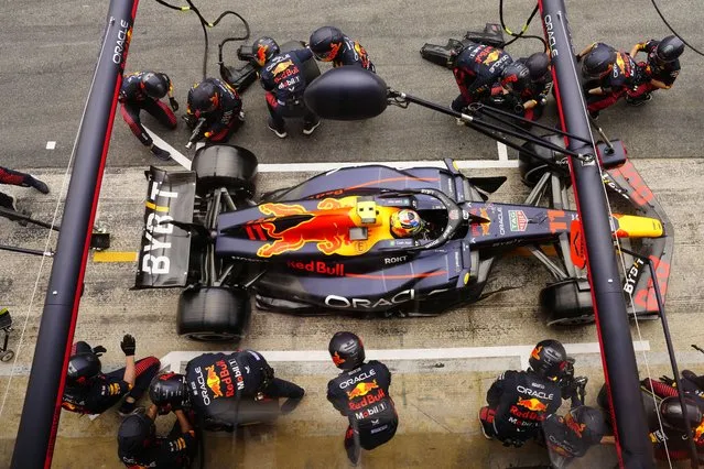 Mexican driver Sergio Perez of Red Bull Racing during a pit stop in the Formula 1 Grand Prix of Spain 2023 at the Circuit de Barcelona-Catalunya, in Barcelona, Spain, 04 June 2023. (Photo by Enric Fontcuberta/EPA)