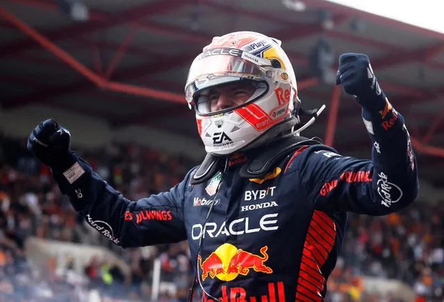 Red Bull Racing Dutch rider Max Verstappen celebrates after winning the F1 Grand Prix of Belgium auto race, in Spa-Francorchamps, Sunday 30 July 2023. The Spa-Francorchamps Formula One Grand Prix takes place this weekend, from July 28th to July 30th. (Photo by Johanna Geron/Reuters)