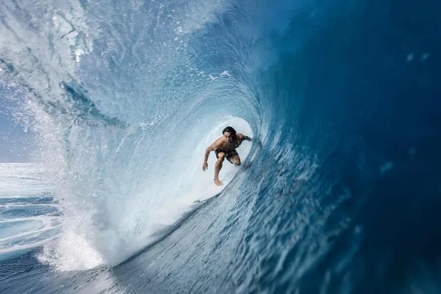 Australian surfer Connor O'Leary trains on August 9, 2023 in Teahupo'o, Tahiti, French Polynesia, a few days before the WSL Shiseido Tahiti pro surfing event. (Photo by Ben Thouard/AFP Photo)