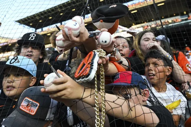 Young fans look to get an autograph from Baltimore Orioles' Grayson Rodriguez, not pictured, before a baseball game against the Colorado Rockies, Saturday, August 26, 2023, in Baltimore. (Photo by Terrance Williams/AP Photo)