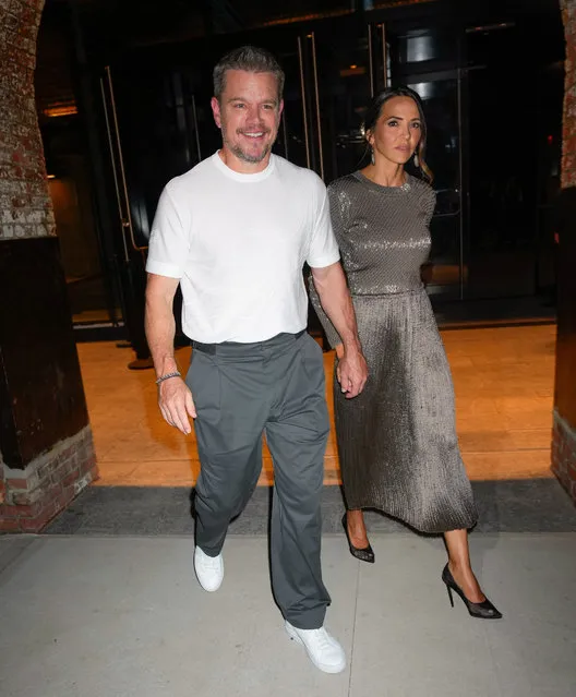 American actor Matt Damon and his wife Luciana Barroso are seen coming out of the Hermes Fashion show on September 14, 2023 in New York City. (Photo by Gotham/GC Images)