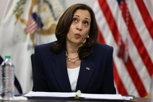 Vice President Kamala Harris takes part in a round table with faith and community leaders who are assisting with the processing of migrants seeking asylum, at Paso del Norte Port of Entry in El Paso, Texas, June 25, 2021. (Photo by Evelyn Hockstein/Reuters)