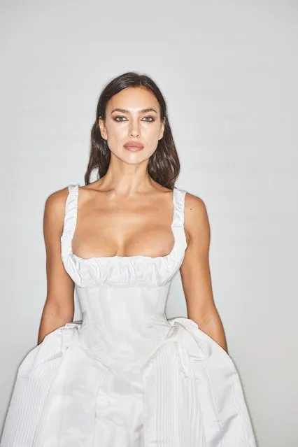Russian model Irina Shayk model poses backstage prior to the Vivienne Westwood Womenswear Spring/Summer 2024 show as part of Paris Fashion Week on September 30, 2023 in Paris, France. (Photo by Ki Price/WireImage)