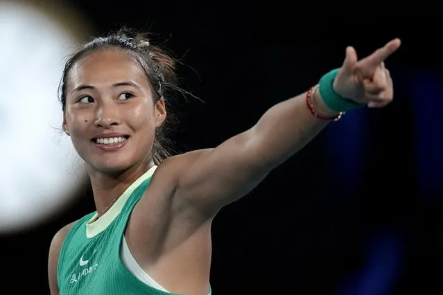 Zheng Qinwen of China waves after defeating Anna Kalinskaya of Russia in their quarterfinal match at the Australian Open tennis championships at Melbourne Park, Melbourne, Australia, Wednesday, January 24, 2024. (Photo by Louise Delmotte/AP Photo)