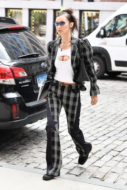 American model Isabella Khair Hadid wears a patterned outfit in New York City on September 21, 2021. (Photo by Robert O' Neil/Splash News and Pictures)