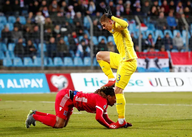 Ukraine's Vitaliy Mykolenko in action with Luxembourg's Gerson Rodrigues during the EURO Qualifier match between Luxembourg vs Ukraine at the Stade Josy Barthel on March 25, 2019 in Luxembourg. (Photo by Francois Lenoir/Reuters)