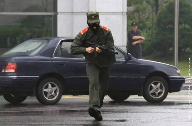 A South Korean soldier wear North Korea's military uniform, acting as North Korean soldier during an anti-terror and anti-chemical drill session