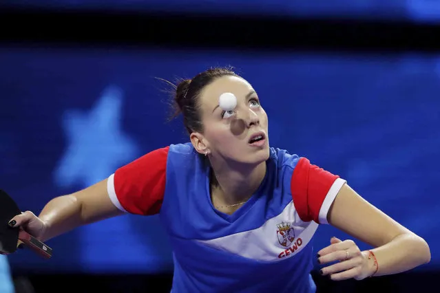 Andrea Todorovic of Serbia keeps her eye on the ball as she serves to Lily Zhang of the United States during a women's singles match during round two of the 2021 World Table Tennis Championships Wednesday, November 24, 2021, in Houston. (Photo by Michael Wyke/AP Photo)