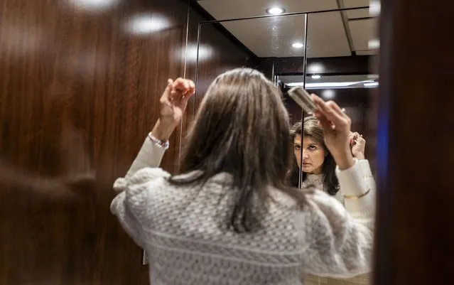 Republican Presidential candidate Nikki Haley freshens up in the bathroom onboard her campaign bus between rallies in Georgetown, South Carolina on Thursday  February 22, 2024. (Melina Mara/The Washington Post)