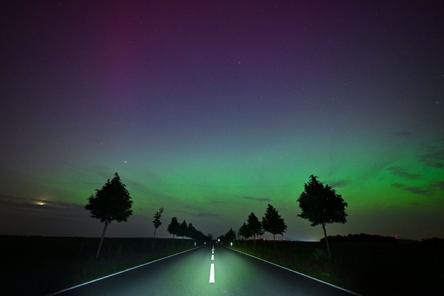Light green and slightly reddish auroras glow in the night sky in the district of Märkisch-Oderland in East Brandenburg on May 10, 2024. The northern lights (aurora borealis) are produced by a cloud of electrically charged particles from a solar storm in the earth's atmosphere. (Photo by Patrick Pleul/dpa via Getty Images)