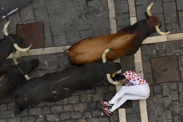 A reveller falls next to fighting bulls during the running of the bulls at the San Fermin Festival, in Pamplona, northern Spain, Saturday, July, 13, 2019. (Photo by Alvaro Barrientos/AP Photo)