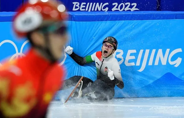 Shaolin Sandor Liu of Team Hungary reacts during the Men's 1000m Final A on day three of the Beijing 2022 Winter Olympic Games at Capital Indoor Stadium on February 7, 2022 in Beijing, China. (Photo by Toby Melville/Reuters)