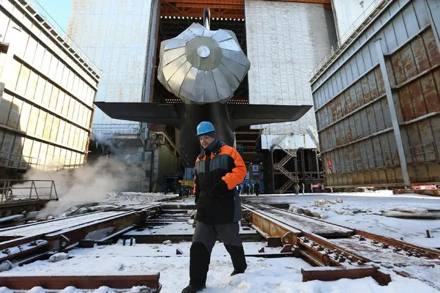 Launching the Kazan, a Project 885 M Yasen- class nuclear- powered multipurpose attack submarine, at the Sevmash shipyard on March 31, 2017 in Severodvinsk, Russia. (Photo by Alexander Ryumin/TASS)