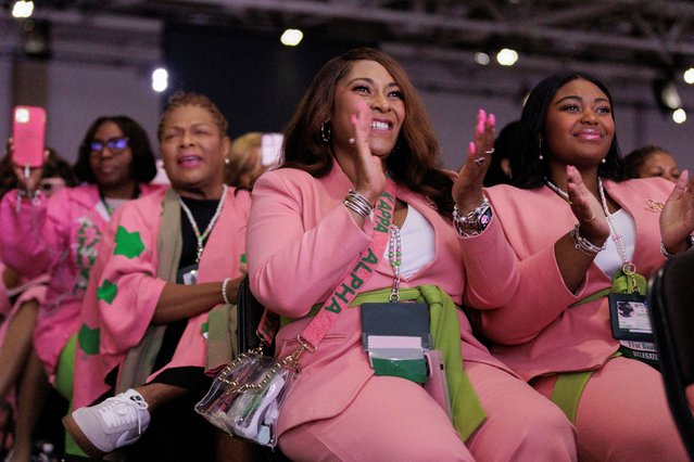 Members of the audience react as U.S. Vice President Kamala Harris (not pictured) addresses AKA sorority in Dallas, as the campaign seeks to energize the Black vote in Dallas, Texas on July 10, 2024. (Photo by Shelby Tauber/Reuters)