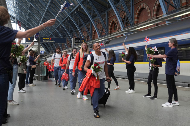 Members of Team GB at Eurostar St Pancras Station in London, as they depart for the Paris 2024 Olympic Games on Monday, July 15, 2024. As the official travel partner of Team GB, Eurostar will be transporting over 600 athletes to the games. (Photo by Lucy North/PA Images via Getty Images)