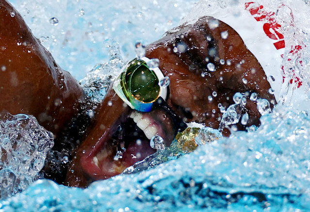 The goggles of Congo's Vanessa Bobimbo come off as she competes in a heat of the women's 50m freestyle swimming event during the Paris 2024 Olympic Games at the Paris La Defense Arena in Nanterre, west of Paris, on August 3, 2024. (Photo by Jonathan Nackstrand/AFP Photo)