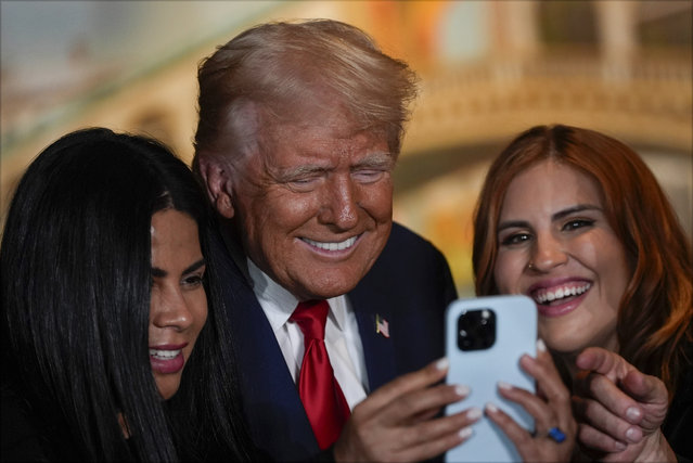 Republican presidential nominee former President Donald Trump poses for a photo at a campaign event at ll Toro E La Capra, Friday, August 23, 2024, in Las Vegas. (Photo by Julia Nikhinson/AP Photo)