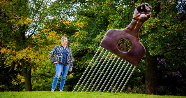 Hank Willis Thomas’s bronze sculpture All Power to All People (2023) combines the Afro hair pick and the black power salute and is on display at the Bothy Triangle at the Yorkshire Sculpture Park near Wakefield, UK on October 8, 2024. (Photo by James Glossop/The Times)