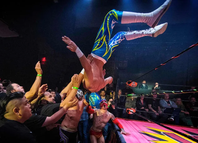 Nacho Libre wrestlers perform during the Lucha Vavoom “Valentines Day” show at the Mayan Theatre, California, on February 12, 2020. Lucha Vavoom combines Mexican Nacho Libre wrestling with cabaret and burlesque acts to make a uniquely Los Angeles variety show. (Photo by Mark Ralston/AFP Photo)