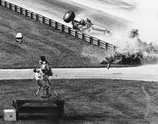 A dragster supercharger hits cameraman Joe Rooks of Bowling Green, Ohio, in the back at the U.S. Nationals N.H.R.A. drag races in Indianapolis, Indiana, on Saturday, September 1, 1979. Rooks was knocked flat by the heavy blower from a dragster that turned over and disintegrated near Rooks. Rooks died en route to the hospital. (Photo by Chuck Robinson/AP Photo)