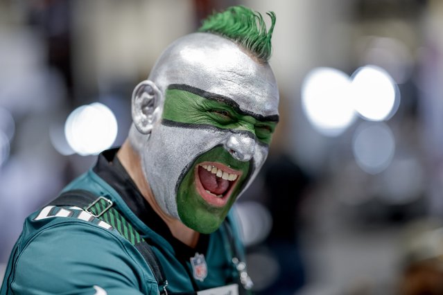 Philadelphia Eagles football fan Jamie Pagliei reacts during activities at the media center and radio row inside the Ernest N. Morial Convention Center ahead of the National Football League's Super Bowl LIX game in New Orleans, Louisiana, USA, 06 February 2025. The AFC champion Kansas City Chiefs face the NFC champion Philadelphia Eagles during Super Bowl LIX at Caesars Superdome in New Orleans, Louisiana, on 09 February 2025. (Photo by Erik S. Lesser/EPA)