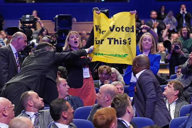 Greenpeace demonstration during Prime Minister Liz Truss speech during the Conservative Party annual conference at the International Convention Centre in Birmingham on Wednesday, October 5, 2022. (Photo by Stefan Rousseau/PA Images via Getty Images)