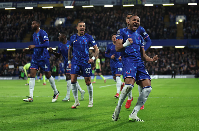 Christopher Nkunku of Chelsea celebrates scoring his team's first goal during the Premier League match between Chelsea FC and Southampton FC at Stamford Bridge on February 25, 2025 in London, England. (Photo by Chris Lee – Chelsea FC/Chelsea FC via Getty Images)