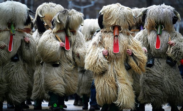 Bulgarian “Kukeri” dancers participate with their masks as they perform in the International Festival of the Masquerade Games in Pernik, near Sofia, on January 27, 2024. The Kukeri Carnival is a festival, which started on January 26, as participants wearing multi-coloured masks, covered with beads, ribbons and woollen tassels. The heavy swaying of the main mummer is meant to represent wheat heavy with grain, and the bells tied around the waist are intended to drive away the evil spirits and the sickness, on January 27, 2024. (Photo by Nikolay Doychinov/AFP Photo)