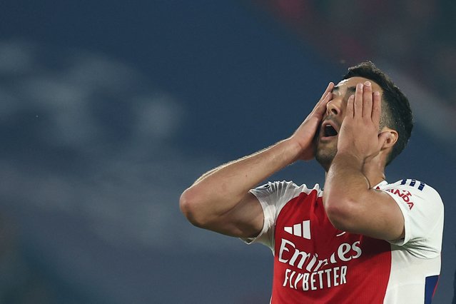Arsenal's Spanish midfielder #23 Mikel Merino reacts after missing a goal opportunity during the UEFA Champions League semi-final second leg football match between Paris Saint-Germain (PSG) and Arsenal at the Parc des Princes stadium in Paris, on May 7, 2025. (Photo by Franck Fife/AFP Photo)