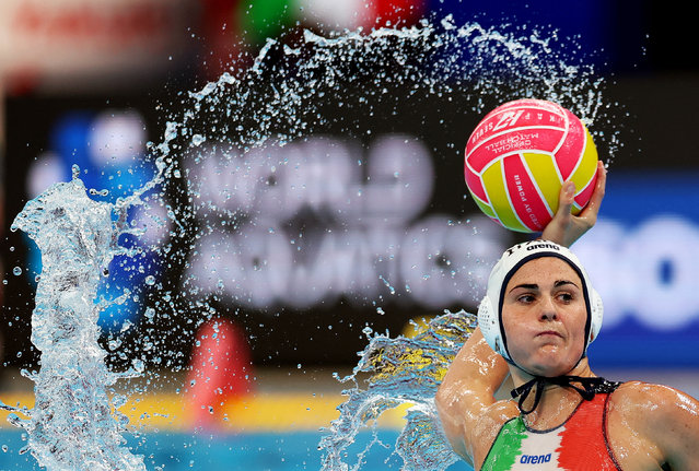 Italy’s Sara Cordovani in action against the hosts in a water polo match at the Aquatic Centre in Singapore on July 15, 2025. (Photo by Jeremy Lee/Reuters)