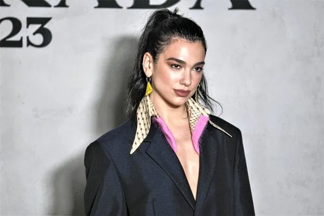 British-Albanian singer Dua Lipa arrives at the Prada women's Fall-Winter 2023-24 collection presented in Milan, Italy, Thursday, February 23, 2023. (Photo by Luca Bruno/AP Photo)