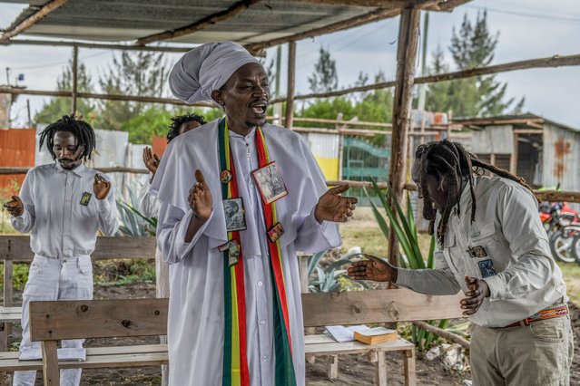 Members of the Rastafarian community, affiliated with the Ethiopia Africa Black International Congress Liberation Church, hold a spiritual prayer ceremony in Nairobi, Kenya, on August 24, 2025. The community demonstrated their efforts to preserve Pan-African identity and cultural values within urban life. (Photo by Gerald Anderson/Anadolu via Getty Images)