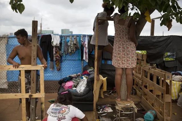 In this Monday, August 24, 2015 photo, 18-year-old Roy Kalama, left, gets help from friends as he tries to build a makeshift tent using pallets at a homeless encampment in the Kakaako district of Honolulu. The camp, one of the nation's largest homeless encampment and once home to hundreds of people, was recently cleared by Hawaii officials. (Photo by Jae C. Hong/AP Photo)