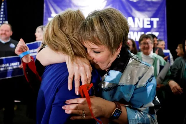 Wisconsin Supreme Court candidate Janet Protasiewicz celebrates with Wisconsin Supreme Court Judge Jill Karofsky after the race was called for her during her election night watch party in Milwaukee, Wisconsin, U.S., April 4, 2023. (Photo by Evelyn Hockstein/Reuters)