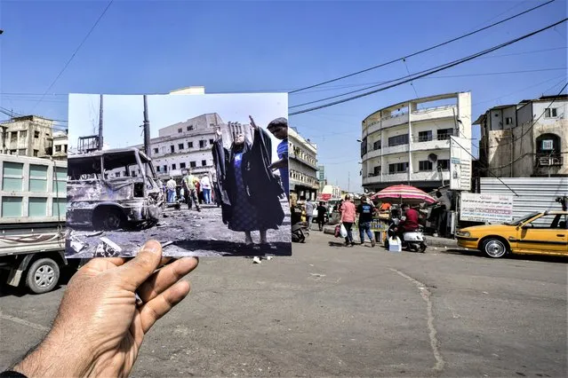 A photograph of a woman reacting at the scene of a car bomb which killed over a hundred people at the Sadriyah market in Baghdad, Iraq, Thursday, April 19, 2007, is inserted into the scene at the same location on Monday, March 20, 2023. 20 years after the U.S. led invasion on Iraq and subsequent war. (Photo by Hadi Mizban/AP Photo)