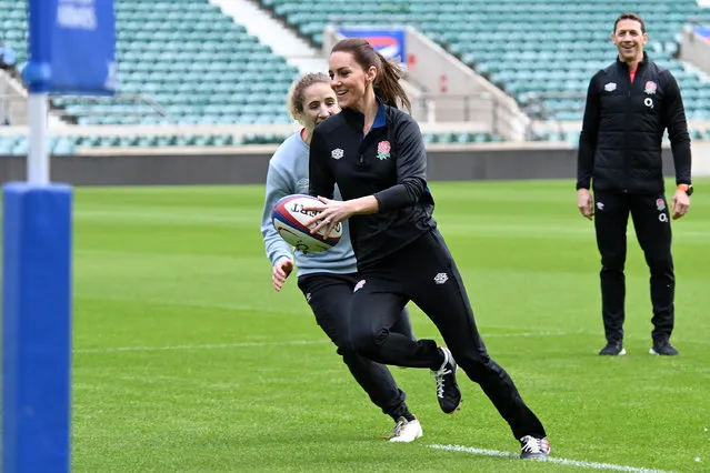 Catherine, Duchess of Cambridge takes part in an England rugby training session, after becoming Patron of the Rugby Football Union at Twickenham Stadium on February 02, 2022 in London, England. (Photo by Kate Green/Getty Images)