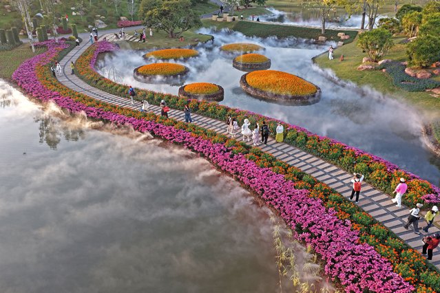 A drone photo taken on November 26, 2025 shows tourists enjoying flowers at the Qingxiu Mountain scenic area in Nanning, south China's Guangxi Zhuang Autonomous Region. (Photo by Xinhua News Agency/Rex Features/Shutterstock)