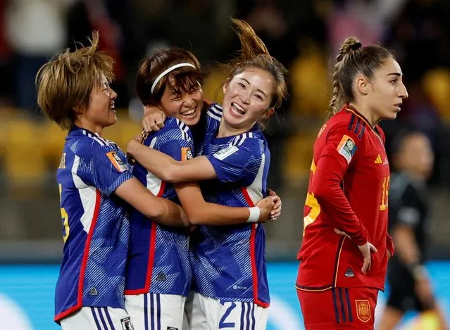 Hinata Miyazawa (2nd from L) of Japan celebrates with teammates after scoring her team's third goal in the first half of a Women's World Cup Group C football match against Spain at Wellington Regional Stadium in Wellington, New Zealand, on July 31, 2023. (Photo by Amanda Perobelli/Reuters)
