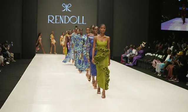 Models wear a creation by Rendoll during the Lagos Fashion Week in Lagos, Nigeria, Thursday, October 26, 2023. Africa's fashion industry is rapidly growing to meet local and international demands but a lack of adequate investment still limits its full potential, UNESCO said Thursday in its new report released at this year's Lagos Fashion Week show. (Photo by Sunday Alamba/AP Photo)