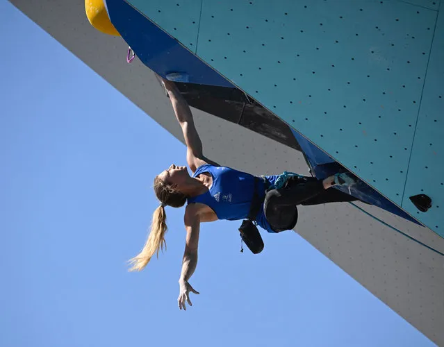 France's Manon Hily competes in the women's lead semi-final climbing event of the European Championships Munich 2022 in Munich, southern Germany on August 13, 2022. (Photo by Tobias Schwarz/AFP Photo)