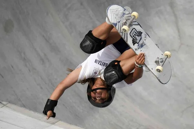 Sky Brown of Britain takes part in a women's park skateboarding practice session at the 2020 Summer Olympics, Monday, August 2, 2021, in Tokyo, Japan. (Photo by Ben Curtis/AP Photo)
