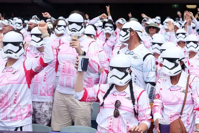 Fans dressed as storm troopers from Star Wars attend day two of the second cricket Test match between Australia and West Indies at the Gabba in Brisbane on January 26, 2024. (Photo by Pat Hoelscher/AFP Photo)