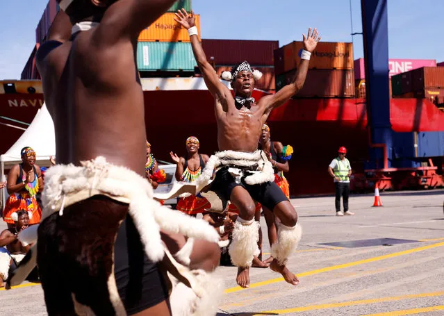 Dancers perform at the launch of South Africa's first shipment and preferential trading under the African Continental Free Trade Area agreement at the port in Durban, South Africa on January 31, 2024. (Photo by Rogan Ward/Reuters)